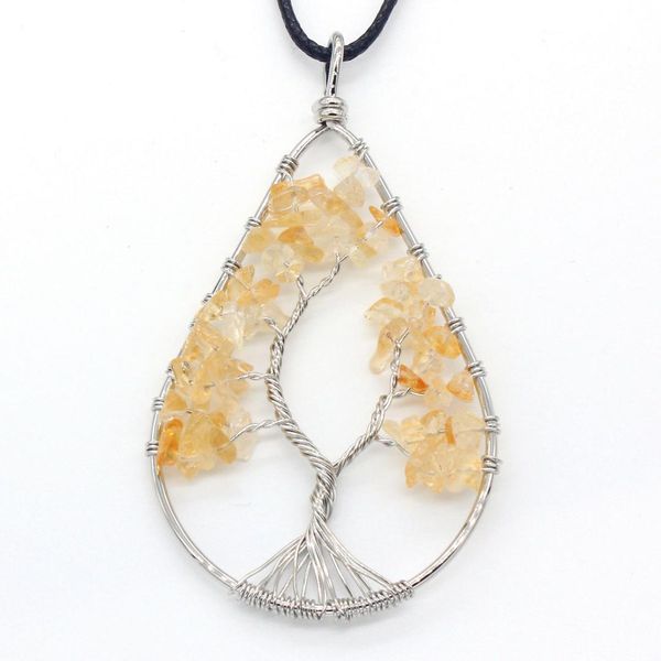 

fyjs unique jewelry silver plated wire wrap tree of life natural yellow citrines pendant water drop necklace