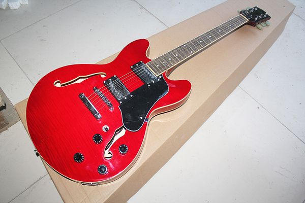 

factory custom semi-hollow red electric guitar with dot inlay,flame maple veneer,rosewood fretboard,white binding,can be customized