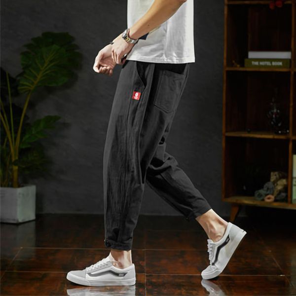 

men sweatpants joggers pants length cargo techwear linen cotoon casual ankle autumn track trousers lwjii, Black