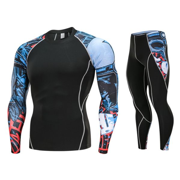 

running tights two piece suit men compression suit sets workout fitness long sleeves training print mens gym clothing rs002, Black;blue