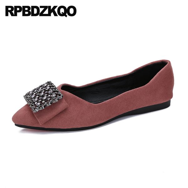 

large size pointed toe diamond black designer bow rhinestone metal flats women dress shoes  suede 11 42 crystal pink party