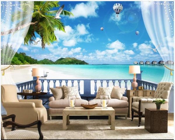 

wallpapers custom po wallpaper 3d murals outside the window balcony seaside scenery tree balloon tv background wall papers