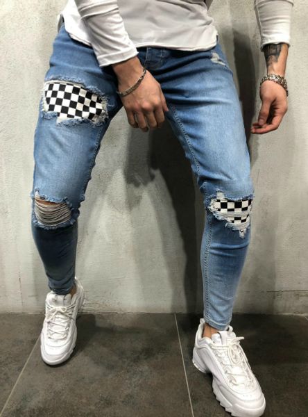 

mens pencil jeans knee holes spring autumn designer pantalones street skateboard male pants, Blue