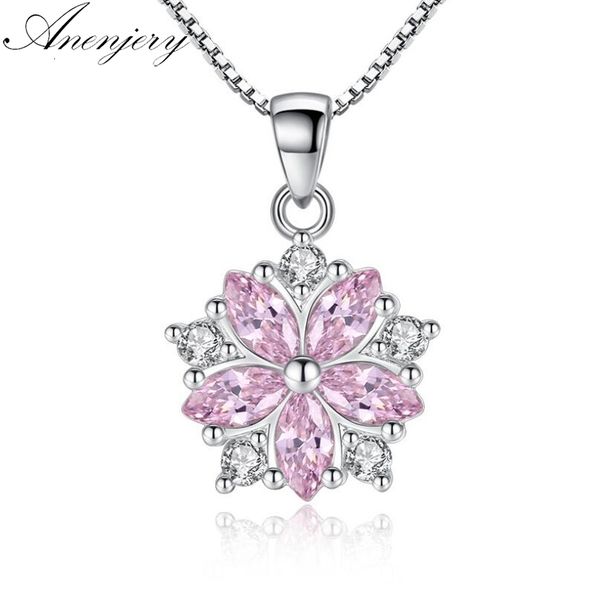 

925 sterling silver pink clear crystal zircon cherry blossom flower chain necklace for women girl choker