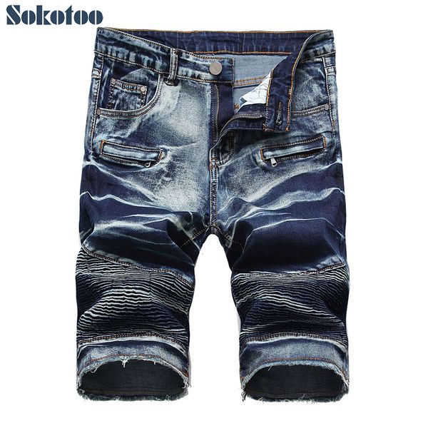 

men's slim straight biker shorts for motorcycle tie and dyed pleated slim straight stretch denim jeans summer capri, Blue