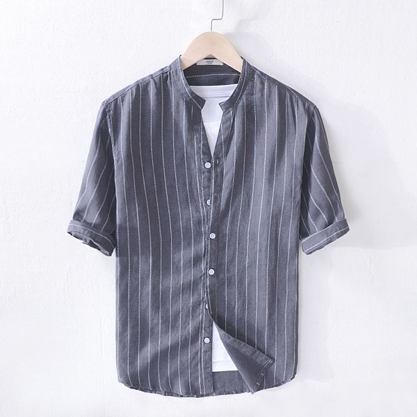 

new arrival italy brand linen shirts men fashion stripe black gray shirt mens casual summer shirt men stand collar chemise, White;black