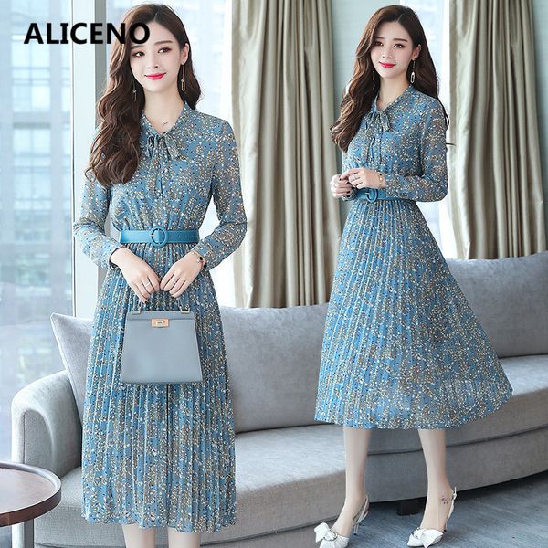 

aliceno bow full sleeve pleated chiffon dress women spring summer floral print lace up high waist female mid-calf dress w9050401, Black;gray