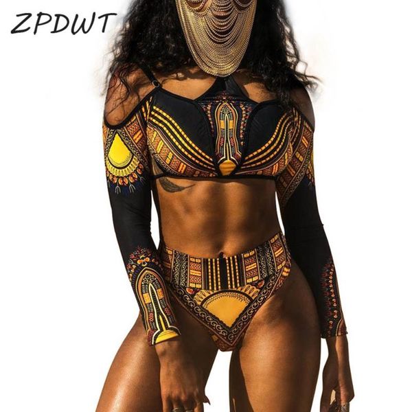 

zpdwt new high waist swimsuit two piece bathing suit women african print long sleeves swimwear cut out beach tribal swim wear, White;black