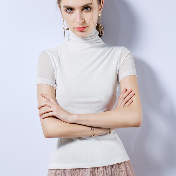

women's t-shirt for women turtleneck mesh short sleeved bottoming shirt summer solid color tight 6 colors, White
