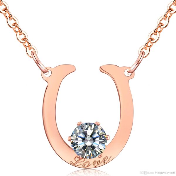 

stylish horseshoe u shape pendant necklace for women pave zirconia love engraved rose gold color 2017 new arrival gx1155, Silver