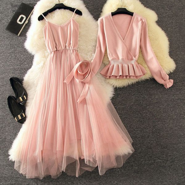 

dress graceful sweater autumn 2pcs v collar long sleeve sashes jumper outfit sling dress women 2pcs sweet suit, White