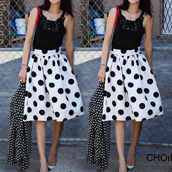 

new stylish women skirts clothes summer stretch high waist plain polka dot cotton flared pleated skirts one pieces, Black
