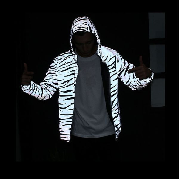 

men jacket hip hop windbreaker reflective jacket zebra stripe fluorescent coat hooded couples thin hoodie cardigan, Black;brown