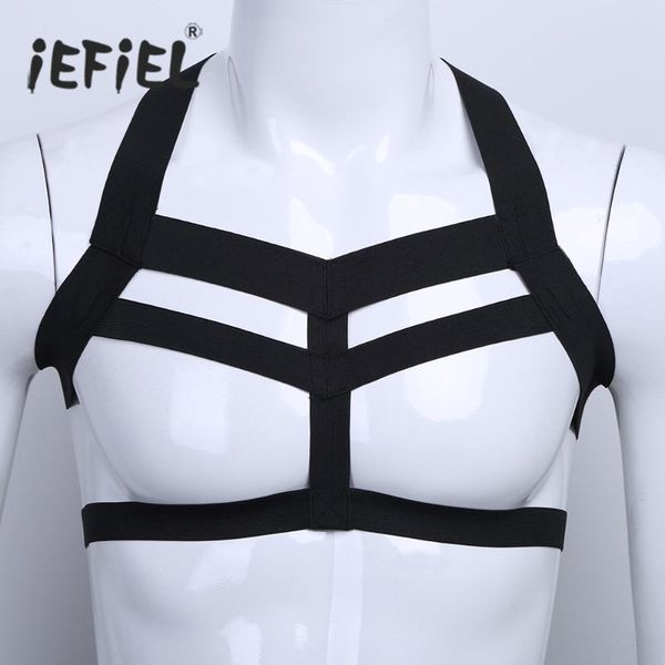 

iefiel mens lingerie harness muscular body bondage halter neck nightclub party hollow out exotic tanks standard costumes, Red;black