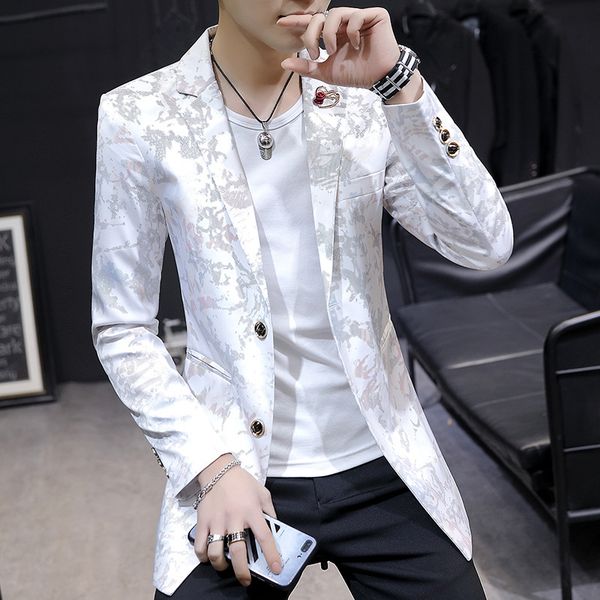 

2020 men's personality in the long shadow suit printed suit young handsome cloak trend, White;black