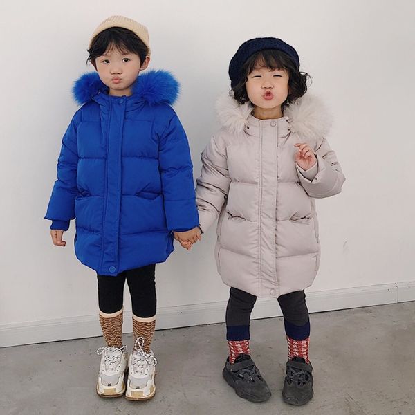 

2019 winter children's medium and long white duck down jacket men's and women's baby big fur collar hooded down jacket, Blue;gray
