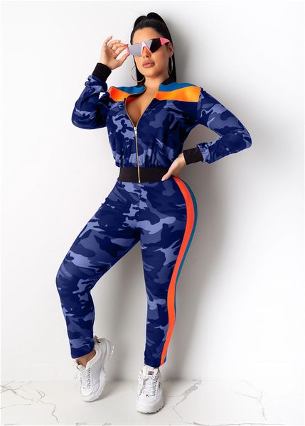 

women designer sportswear jacket+leggings 2 piece sets camouflage skinny trousers outfits panelled casual fashion gym jogger suit 1485, White