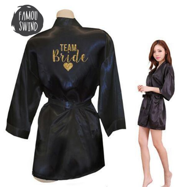 

robe kimono faux silk women wedding preparewear bride team heart golden shirt glitter sleeve print robes bachelorette pajamas ing, Black;red