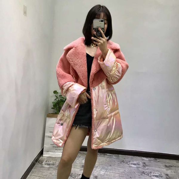 

new fashion white duck down jacket 2019 women winter turn-down collar parka pink overcoat geniune sheep fur coats long style, Black
