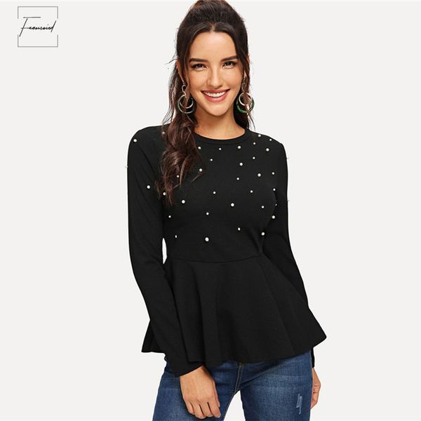 

pearls blouse beaded solid flared black women long sleeve shirts ladies and blouses peplum autumn shirt, White