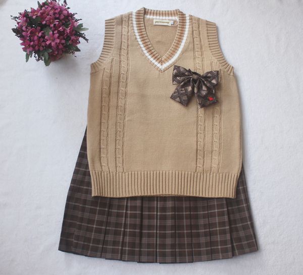 

cute women's japanese jk uniform v-neck vest coffee color twisted line sleeveless sweater cotton (sweater only, Black;white