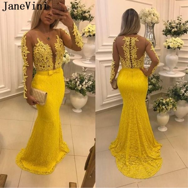 

janevini 2019 elegant lace yellow mermaid prom dress sheer scoop neck appliques beads long sleeve party dresses dos de gala, White;black
