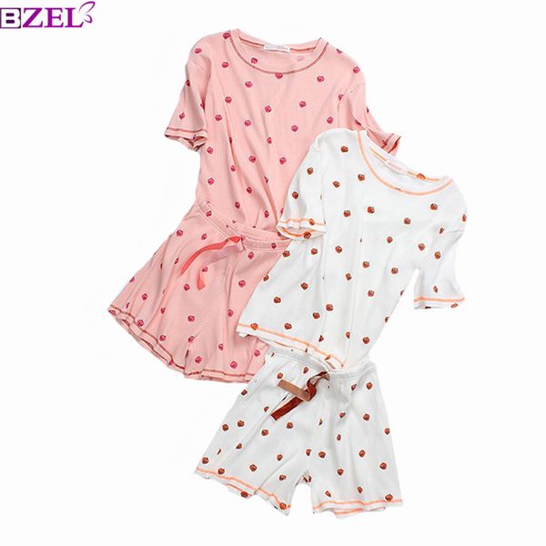 

корейский стиль лето дамы пижамы набор милый клубника печатных женщин пижамы 2 шт набор с коротким рукавом + шорты хлопок домашняя одежда, Blue;gray