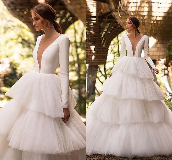 

satin country weding dresses a line tiered skirts boho bridal gowns long sleeve bride dress plus size vestidos de novia, White