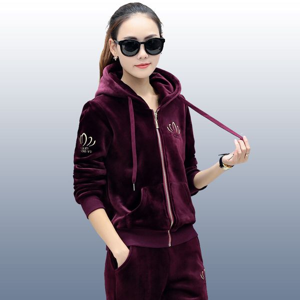 

women sports suit tracksuit spring autumn velvet jacket zip up sweater hoodies+pants runing jogging casual set sportswear 2pcs, Black;blue