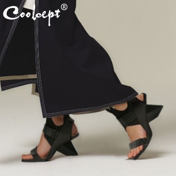 

coolcept women fashion sandals high-quality real leather special thick heels shoes women square head paste footwear size 34-39, Black