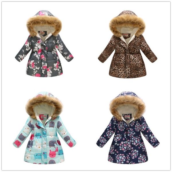 Faux Fur Children Kids Coat Collar Parka Girl Hooded Hoodie Floral Padded Jacket