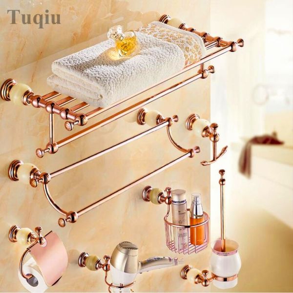 

brass and jade rose gold bathroom accessories set,paper holder,towel bar,soap basket,towel rack,hook bathroom hardware set