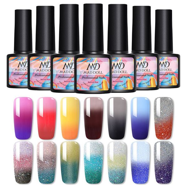 

mad doll 8ml thermal gel nail polish temperature color changing gel glitter soak off uv led varnish nail art design, Red;pink