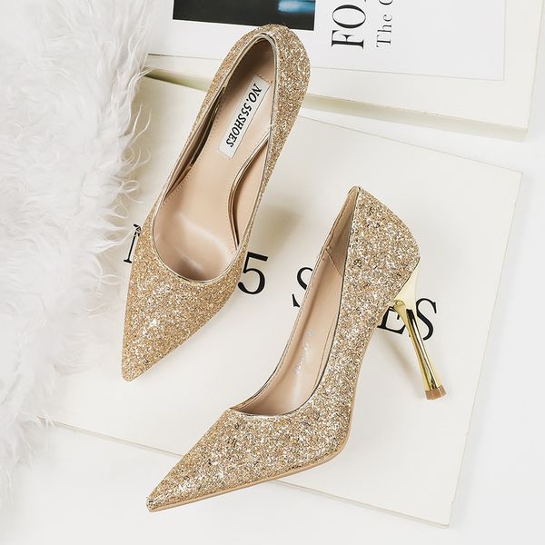

2020 new women fetish 9cm high heels female bridal stiletto heels dress pumps lady scarpins elegant glitter gold wedding shoes, Black