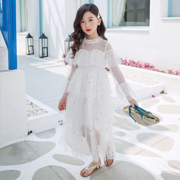 

starry sky summer girl dress 2020 summer new glitter star layer gauze beach dresses baby clothes 4-16y e80973, Red;yellow