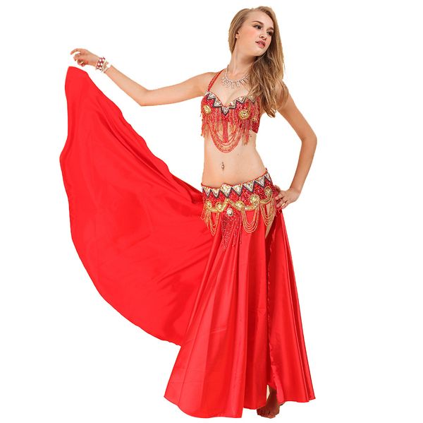 

ladies belly dance costumes sets female national dancer stage performance clothes 3 piece bra + belt + skirt set, Black;red