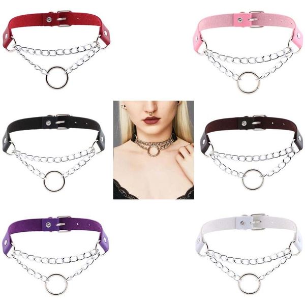

punk metal choker collar necklaces for women goth leather chain trendy geometric necklace round pendant multi-layer necklace, Golden;silver