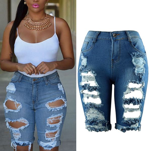 

womens elastic destroyed hole leggings short pants denim shorts ripped jeans eig88, Blue