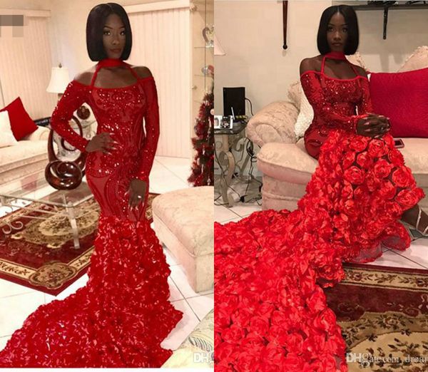 

sparkly long sleeve red prom dress style halter african black girl red sequin long evening dresses 2019 rose flowers mermaid party gowns