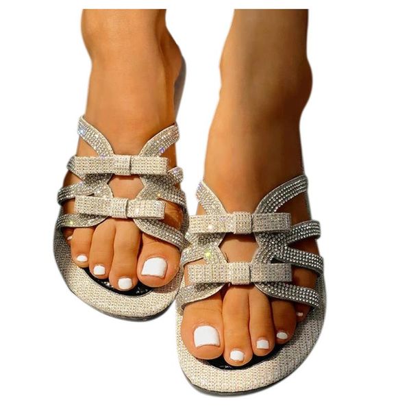 

crystal slippers women girls flat crystal bowknot shoes woman casual sandals slippers buty damskie beach shoes sandalias mujer, Black