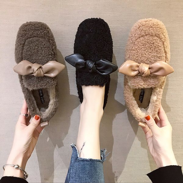 

новая мода женская обувь женский flats bow knot зимняя обувь женщина меховые мокасины босоножки повседневная flats женщина, Black