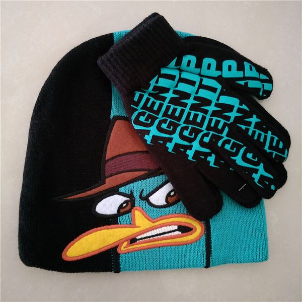 

cartoon phinas ferb winter hats perry the platypus agent p baby kids boy caps gorro masculino bones skullies beanies with gloves, Blue;gray