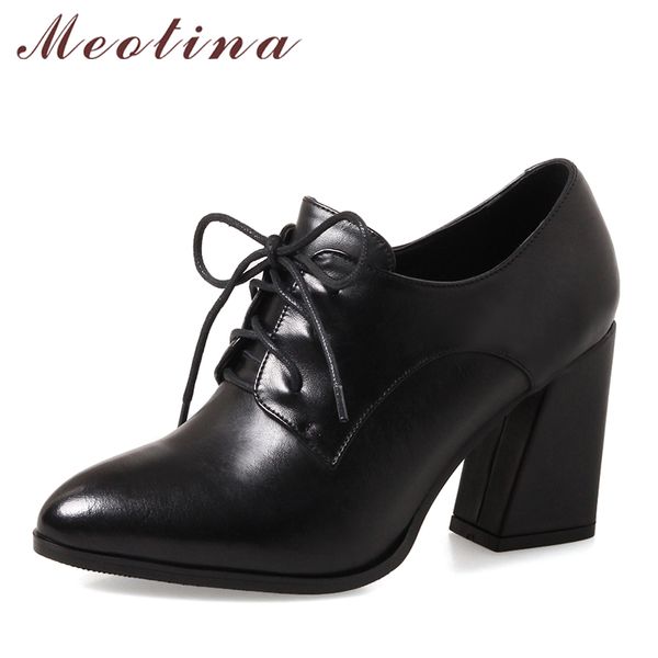

meotina genuine leather shoes women pumps high heels lace up ladies shoes black spring suede thick high heels large size 33-43