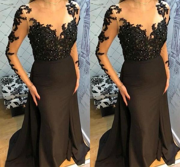 

elegant black mermaid evening dresses sheer neck long sleeves illusion lace appliques sweep train formal dress prom dress party gowns, Black;red