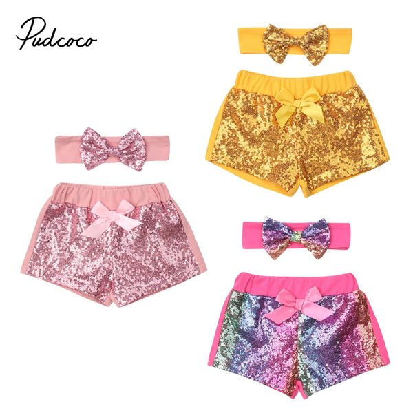 

2pcs новорожденные дети девочки шорты bowknot блестки шорты брюки + оголовье партия моды днища летняя одежда экипировка 0-3y, Black