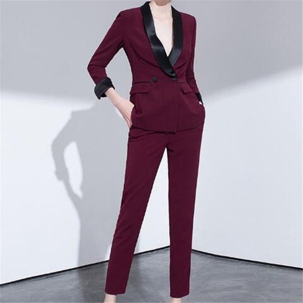 

2019 wine red women's elegant fashion custom made 2pieces suits black lapel slim fit women business office outfit suits, White;black