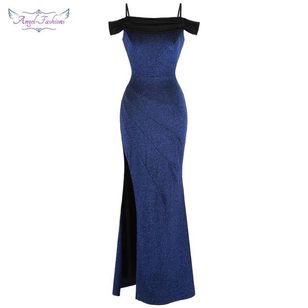 

angel-fashions women's boat neck pleated split mermaid long evening dress blue j-190103-s 388, White;black