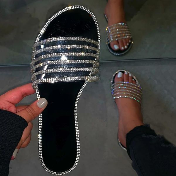 

fashion crystal slides women summer slippers roman shoes women non-slip flat sandals ladies clear slippers casual beach shoes, Black
