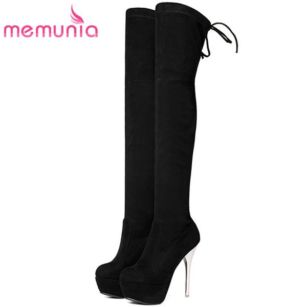 

memunia over the knee boots lady party thin heels shoes woman flock solid platform boots in spring autumn plus size 34-43, Black