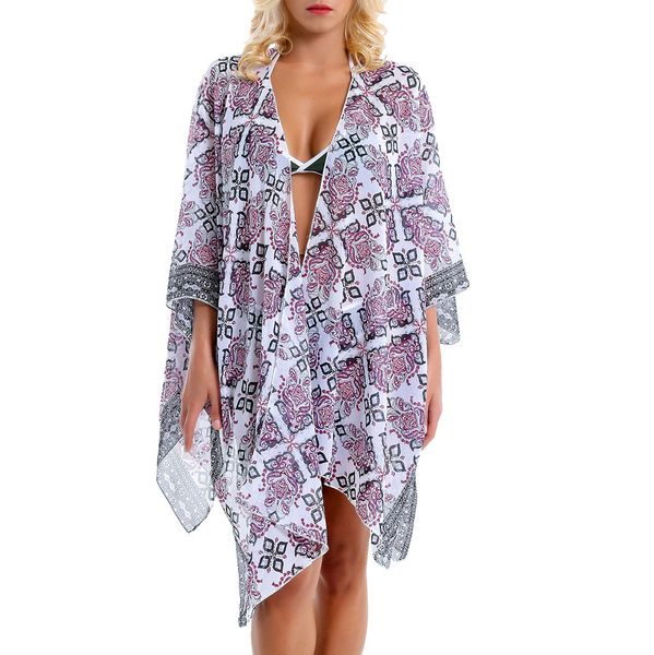 

2019 chiffon perspective beach dress women summer printed floral beach tunics shawl cardigan bikini cover up kaftan pareos, Blue;gray